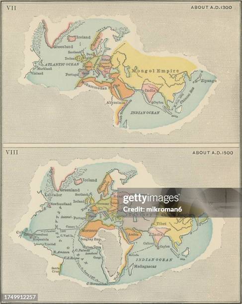 old chromolithograph map showing the progress of geographical knowledge at about 1300 and 1500 a.d. - circa 14th century stock pictures, royalty-free photos & images