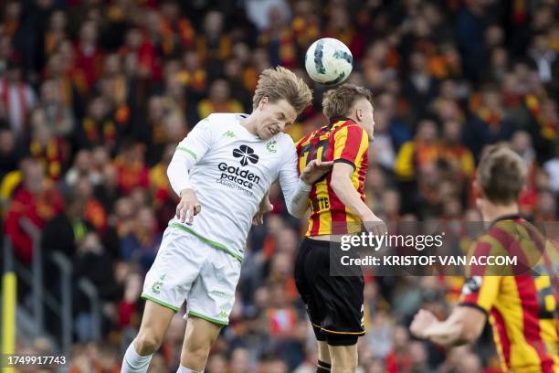 Cercle's Jesper Daland and Mechelen's Norman Bassette pictured in action during a soccer match between KV Mechelen and Cercle Brugge, Saturday 28...