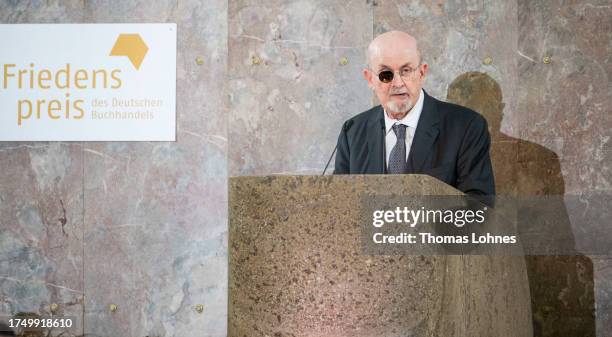 Salman Rushdie gives his acceptance speech during the 2023 Peace Prize of the German book trade association at Paulskirche church on October 22, 2023...