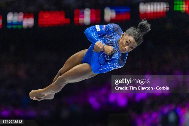 October 06: Simone Biles of the United States performs a vault during the Women's All-Around Final at the Artistic Gymnastics World...