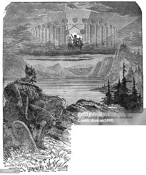 norse mythology - gylfi beholding asgard - norse stock illustrations