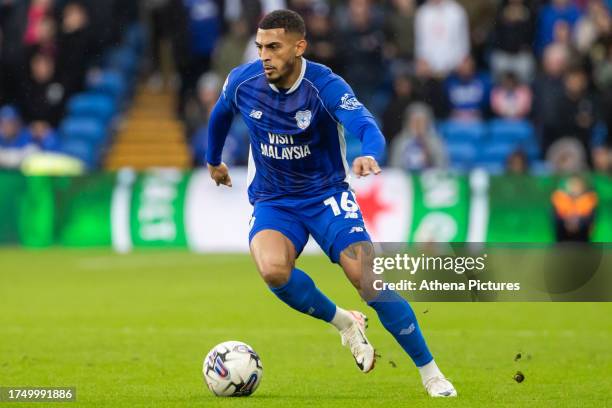 Karlan Grant of Cardiff City attacks during the Sky Bet Championship match between Cardiff City and Bristol City at the Cardiff City Stadium on...