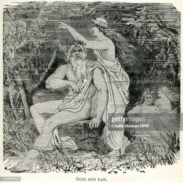 norse mythology - aegir and rán - norse gods stock illustrations