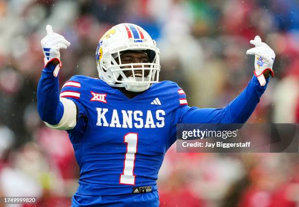 Safety Kenny Logan Jr. #1 of the Kansas Jayhawks celebrates during the first half against the Oklahoma Sooners at David Booth Kansas Memorial Stadium...