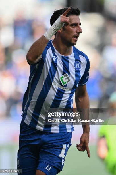 Lars Stindl of Karlsruher SC celebrates after scoring his team`s first goal during the Second Bundesliga match between Karlsruher SC and FC Schalke...