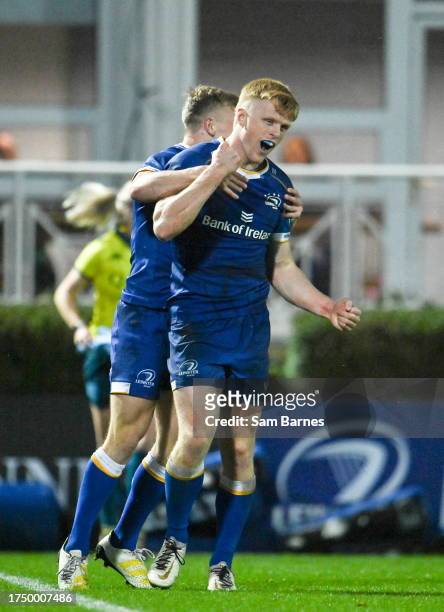Dublin , Ireland - 28 October 2023; Tommy O'Brien of Leinster, right, celebrates with teammate Ben Murphy after scoring their side's fourth try...
