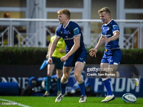 Dublin , Ireland - 28 October 2023; Tommy O'Brien of Leinster, left, celebrates with teammate Ben Murphy after scoring their side's fourth try during...