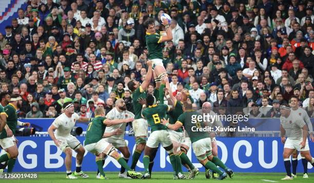 Franco Mostert of Team South Africa in action during the Rugby World Cup France 2023 match between England and South Africa at Stade de France on...