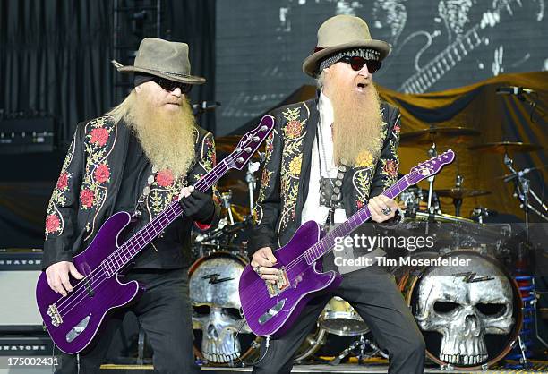 Dusty Hill and Billy Gibbons of ZZ Top perform at Shoreline Amphitheatre on July 28, 2013 in Mountain View, California.