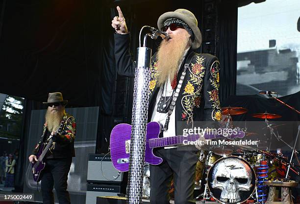 Dusty Hill and Billy Gibbons of ZZ Top perform at Shoreline Amphitheatre on July 28, 2013 in Mountain View, California.