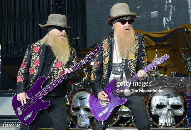Dusty Hill and Billy Gibbons of ZZ Top perform at Shoreline Amphitheatre on July 28, 2013 in Mountain View, California.