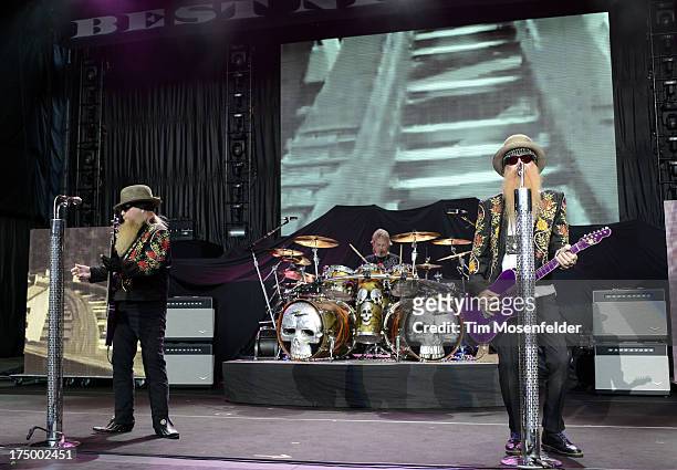 Dusty Hill, Frank Beard, and Billy Gibbons of ZZ Top performs at Shoreline Amphitheatre on July 28, 2013 in Mountain View, California.