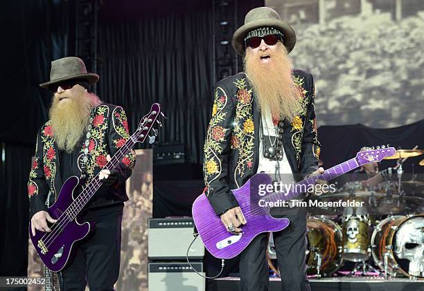 Dusty Hill and Billy Gibbons of ZZ Top perform at Shoreline Amphitheatre on July 28, 2013 in Mountain View, California.