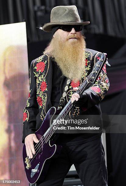 Dusty Hill of ZZ Top performs at Shoreline Amphitheatre on July 28, 2013 in Mountain View, California.