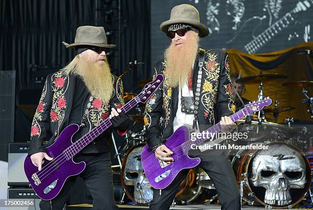 Dusty Hill and Billy Gibbons of ZZ Top perform at Shoreline Amphitheatre on July 28, 2013 in Mountain View, California.