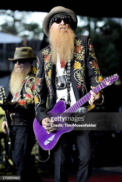 Dusty Hill and Billy Gibbons of ZZ Top perform at Shoreline Amphitheatre on July 28, 2013 in Mountain View, California.