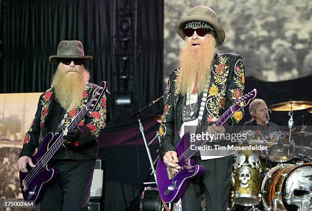 Dusty Hill, Billy Gibbons, and Frank Beard of ZZ Top perform at Shoreline Amphitheatre on July 28, 2013 in Mountain View, California.