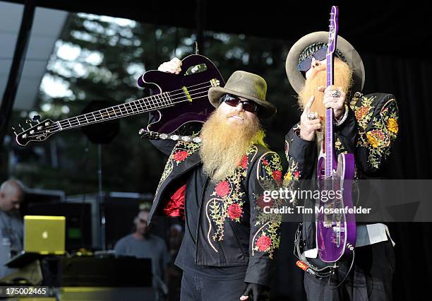 Dusty Hill and Billy Gibbons of ZZ Top perform at Shoreline Amphitheatre on July 28, 2013 in Mountain View, California.