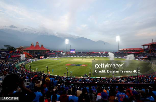 General view inside the stadium during the ICC Men's Cricket World Cup India 2023 match between India and New Zealand at HPCA Stadium on October 22,...