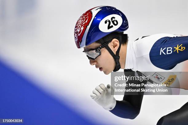 Jang Sungwoo of the Republic of Korea competes in the men's 500 m quarterfinals during the ISU World Cup Short Track at Maurice Richard Arena on...