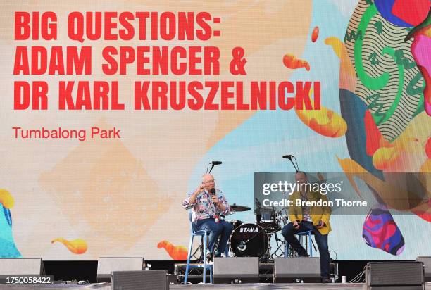 Dr Karl Kruszelnicki speaks alongside Adam Spencer during the Adam Spencer and Dr Karl Kruszelnicki speak during the Big Questions session at SXSW...