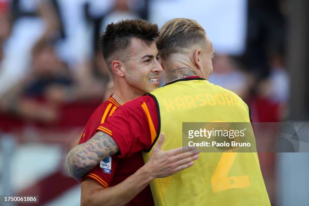 Stephan El Shaarawy of AS Roma celebrates after scoring the team's first goal with Rick Karsdorp during the Serie A TIM match between AS Roma and AC...