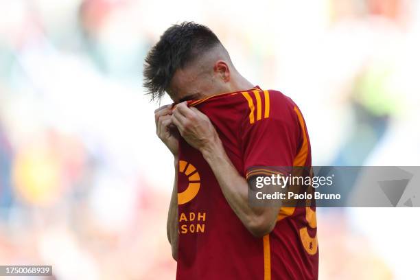 Stephan El Shaarawy of AS Roma reacts during the Serie A TIM match between AS Roma and AC Monza at Stadio Olimpico on October 22, 2023 in Rome, Italy.
