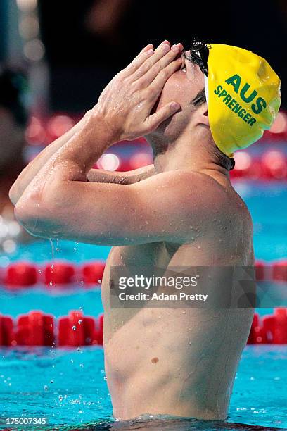 Christian Sprenger of Australia celebrates winning the Swimming Men's 100m Breaststroke Final on day ten of the 15th FINA World Championships at...