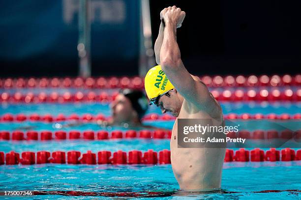 Christian Sprenger of Australia celebrates winning the Swimming Men's 100m Breaststroke Final on day ten of the 15th FINA World Championships at...