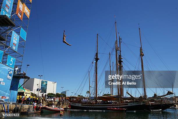 Kent De Mond of the USA competes during the Men's 27m High Diving on day ten of the 15th FINA World Championships at Moll de la Fusta on July 29,...