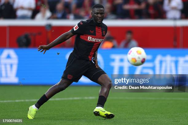 Victor Boniface of Bayer 04 Leverkusen in action during the Bundesliga match between Bayer 04 Leverkusen and 1. FC Köln at BayArena on October 08,...