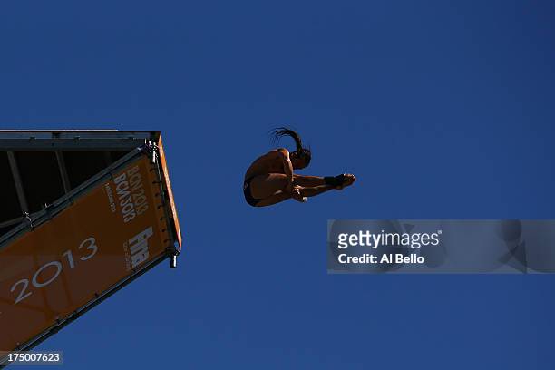 Orlando Duque of Columbia competes during the Men's 27m High Diving on day ten of the 15th FINA World Championships at Moll de la Fusta on July 29,...