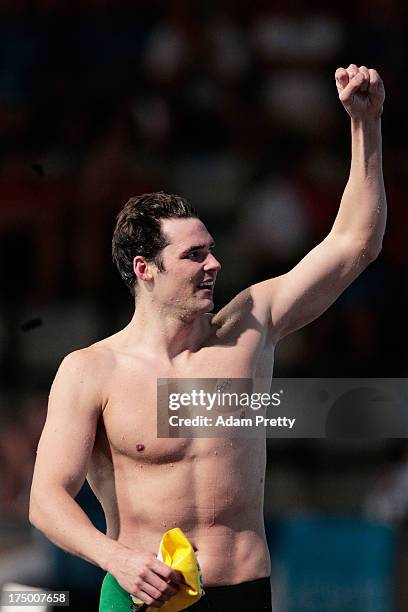 Christian Sprenger of Australia celebrates winning the Swimming Men's 100m Breaststroke Final on day ten of the 15th FINA World Championships at...