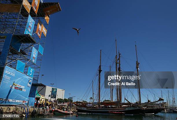 Kris Kolanus of Poland competes during the Men's 27m High Diving on day ten of the 15th FINA World Championships at Moll de la Fusta on July 29, 2013...