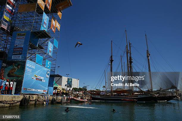 Steve Lobue of the USA competes during the Men's 27m High Diving on day ten of the 15th FINA World Championships at Moll de la Fusta on July 29, 2013...