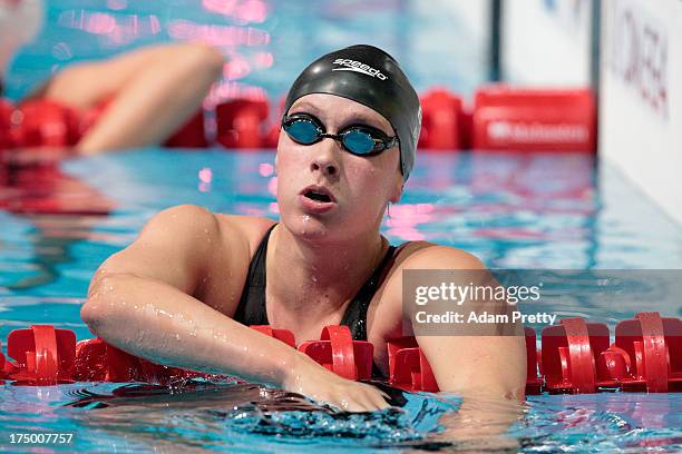 Kim Janssens of Belgium looks on after the Swimming Women's 100m Breaststroke Semifinal 2 on day ten of the 15th FINA World Championships at Palau...