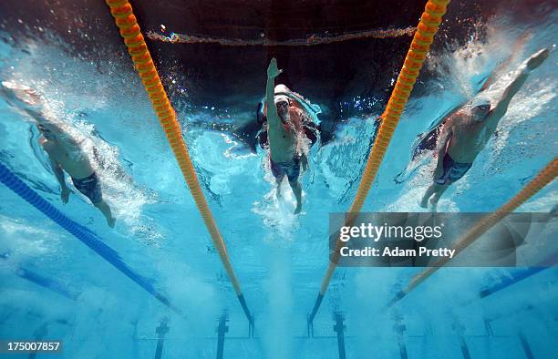 Nikita Lobintsev of Russia, Ryan Lochte of USA and Conor Dwyer of USA compete during the Swimming Men's 200m Freestyle heat 6 on day ten of the 15th...