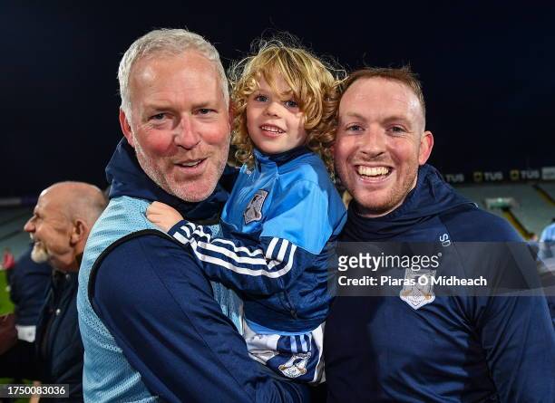 Limerick , Ireland - 28 October 2023; Na Piarsaigh manager Shane O'Neill, left, celebrates with his goalkeeper Shane Dowling and his son Luan, age 5,...