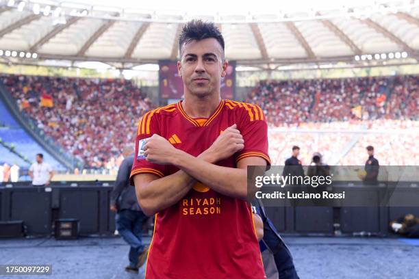 Roma player Stephan El Shaarawy celebrates during the Serie A TIM match between AS Roma and AC Monza at Stadio Olimpico on October 22, 2023 in Rome,...