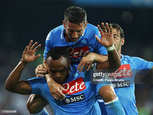 Juan Zuniga with his teammate Dries Mertens of SSC Napoli celebrates after scoring the second team's goal during the pre-season friendly match...