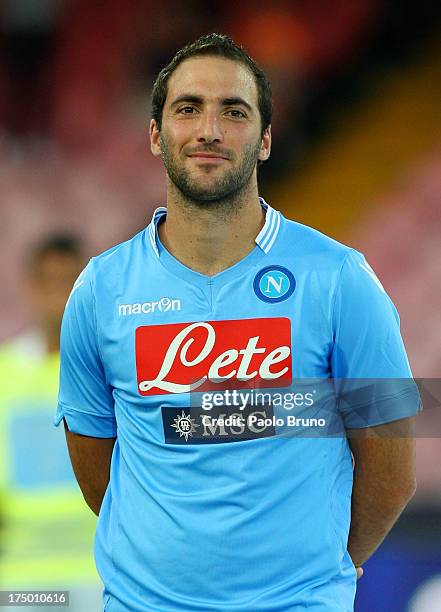 Napoli new signing Gonzalo Higuain looks on during the pre-season friendly match between SSC Napoli and Galatasaray at Stadio San Paolo on July 29,...