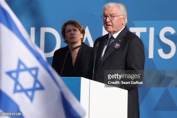 German President Frank-Walter Steinmeier and his wife Elke Buedenbender attend a demonstration to show solidarity with Israel and against...