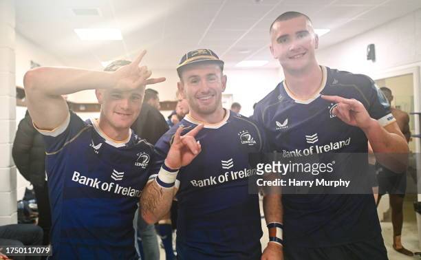 Dublin , Ireland - 28 October 2023; Dylan Donnellan of Leinster, centre, with teammates Ben Murphy and Brian Deeny after making his Leinster debut in...