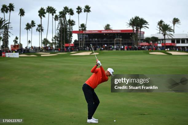 Adrian Meronk of Poland plays his shot on the 18th hole during Day Four of the Estrella Damm N.A. Andalucía Masters at Real Club de Golf Sotogrande...