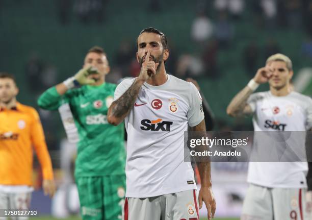 Sergio Oliveria of Galatasaray gestures as he celebrates after winning the Turkish Super Lig week 10 soccer match against Caykur Rizespor in Rize,...