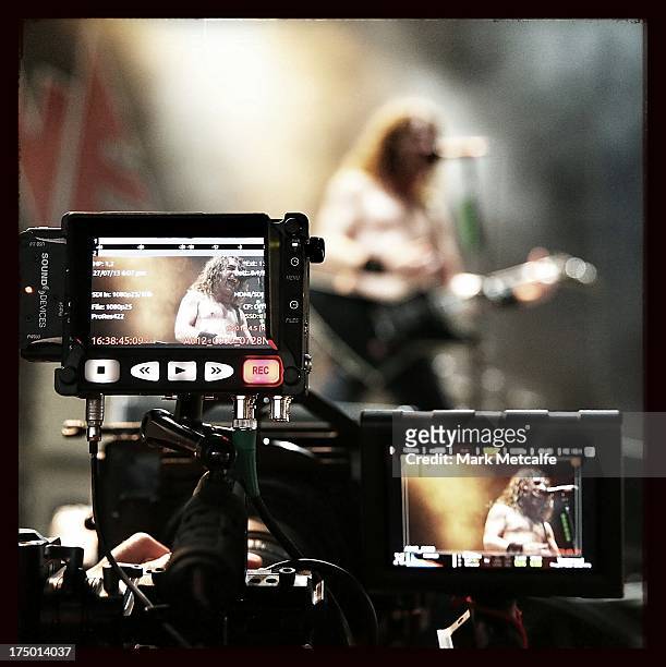 Joel O'Keeffe of Airbourne performs for fans on day 3 of the 2013 Splendour In The Grass Festival on July 28, 2013 in Byron Bay, Australia.