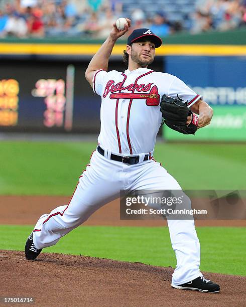 Brandon Beachy of the Atlanta Braves pitches against the Colorado Rockies at Turner Field on July 29, 2013 in Atlanta, Georgia.