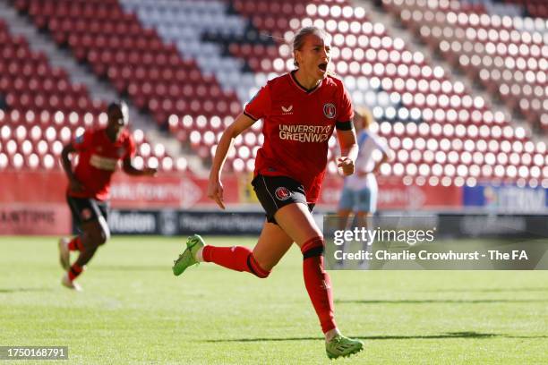Kayleigh Green of Charlton Athletic celebrates after scoring the team's second goal during the Barclays Women's Championship match between Charlton...