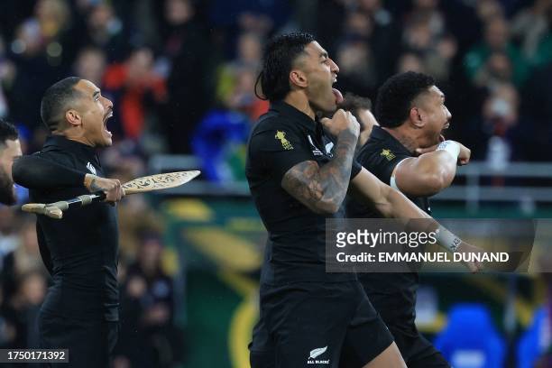 New Zealand's players perform a Haka ahead of the France 2023 Rugby World Cup final match between New Zealand and South Africa at the Stade de France...
