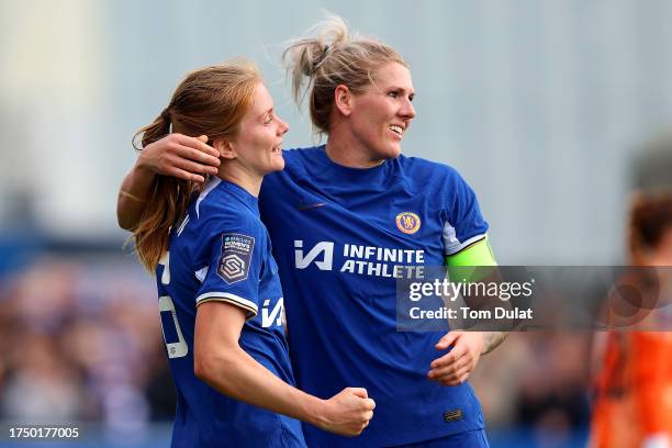 Sjoeke Nuesken of Chelsea celebrates with Millie Bright after scoring the team's first goal during the Barclays Women´s Super League match between...